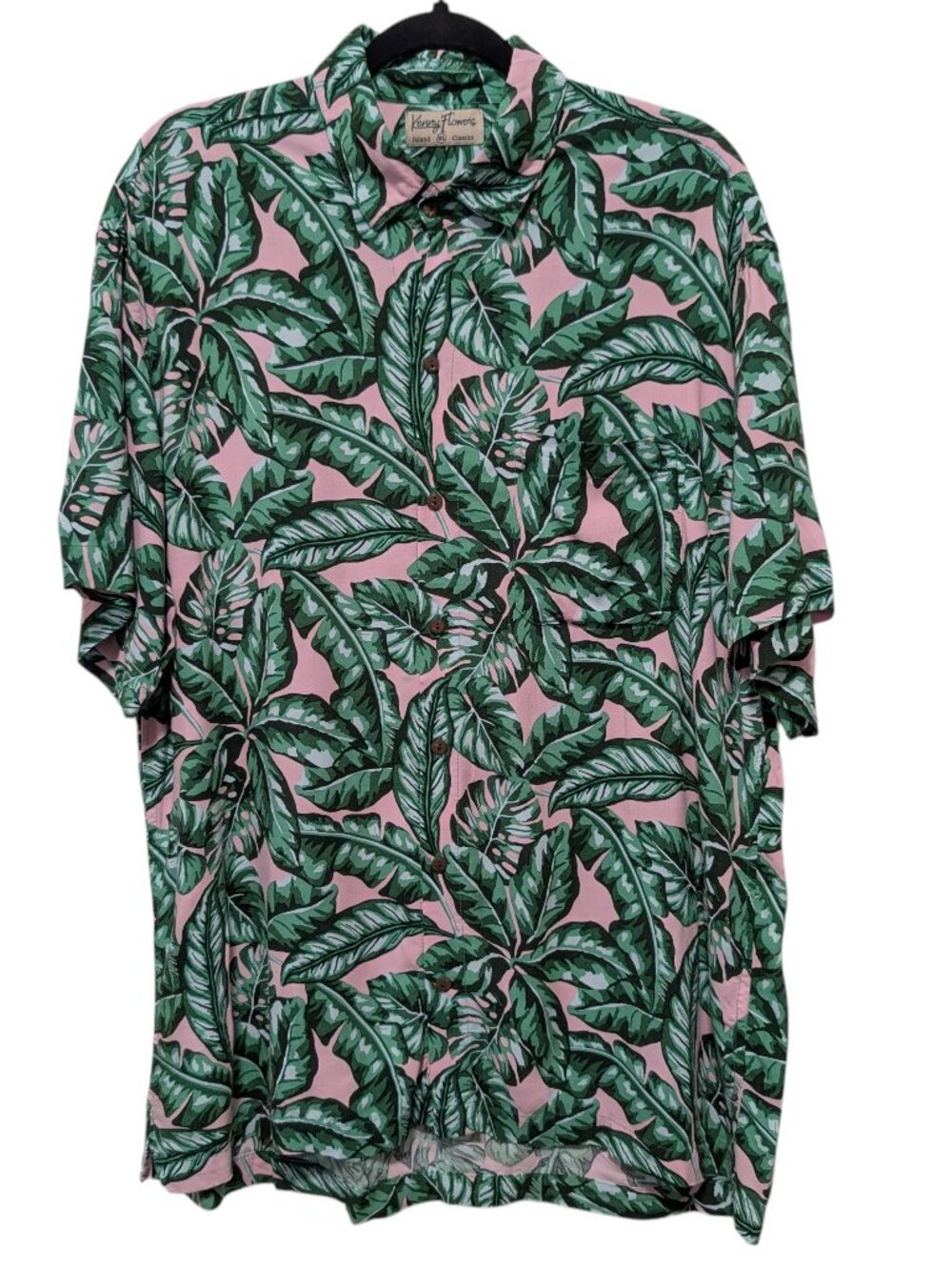 Kenny Flowers Mens Size XL Pink Green Tropical Fronds With Benefits Button Shirt